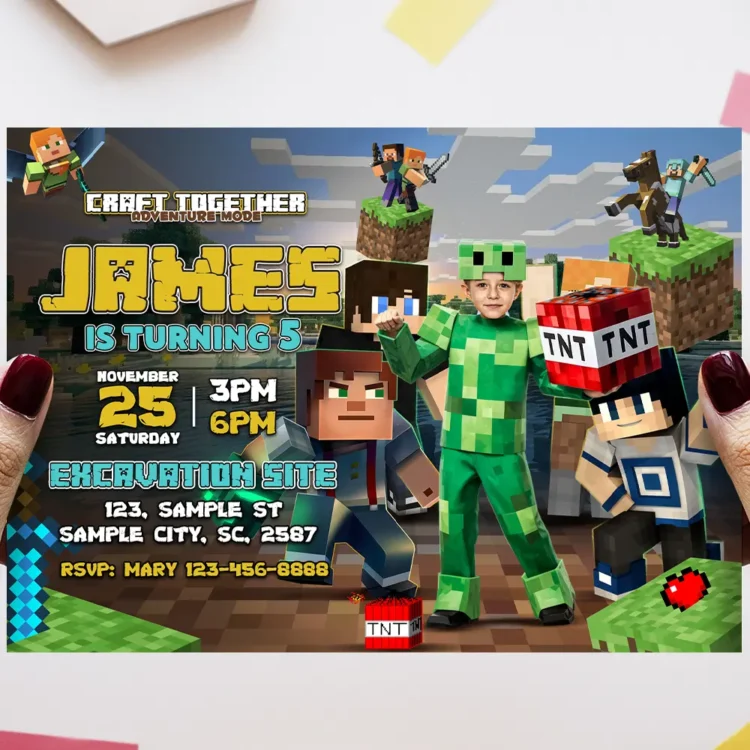 Minecraft Creeper Armor Birthday Invitation with Photo – Personalized Minecraft Photo Card (24h Delivery) – Digital Download