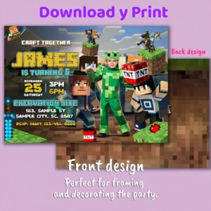 Minecraft Creeper Armor Birthday Invitation with Photo – Personalized Minecraft Photo Card (24h Delivery) – Digital Download