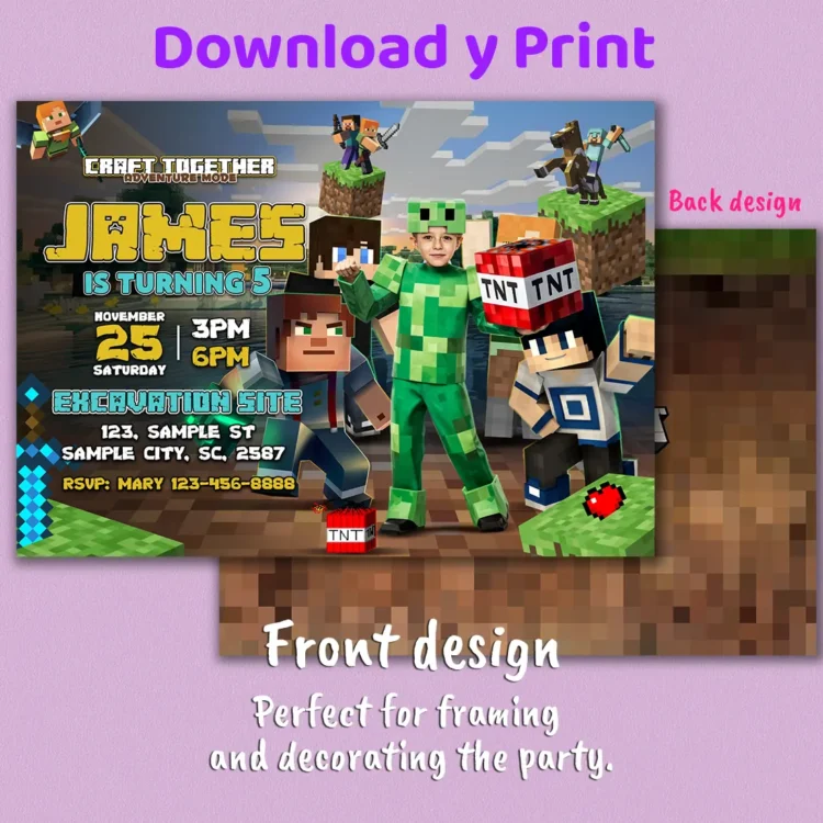Minecraft Creeper Armor Birthday Invitation with Photo – Personalized Minecraft Photo Card (24h Delivery) – Digital Download