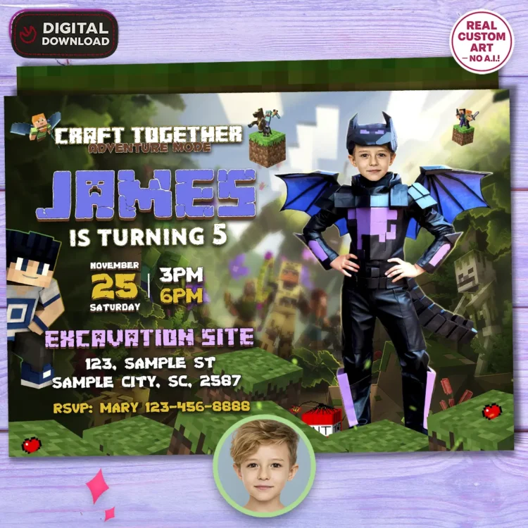 Minecraft Dragon Birthday Invitation with Photo