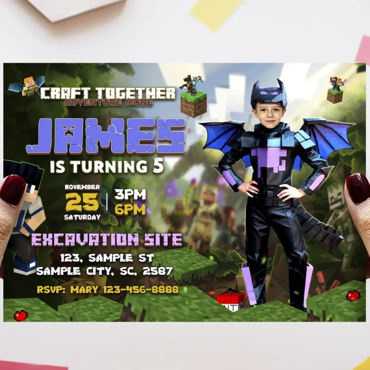 Minecraft Dragon Birthday Invitation with Photo