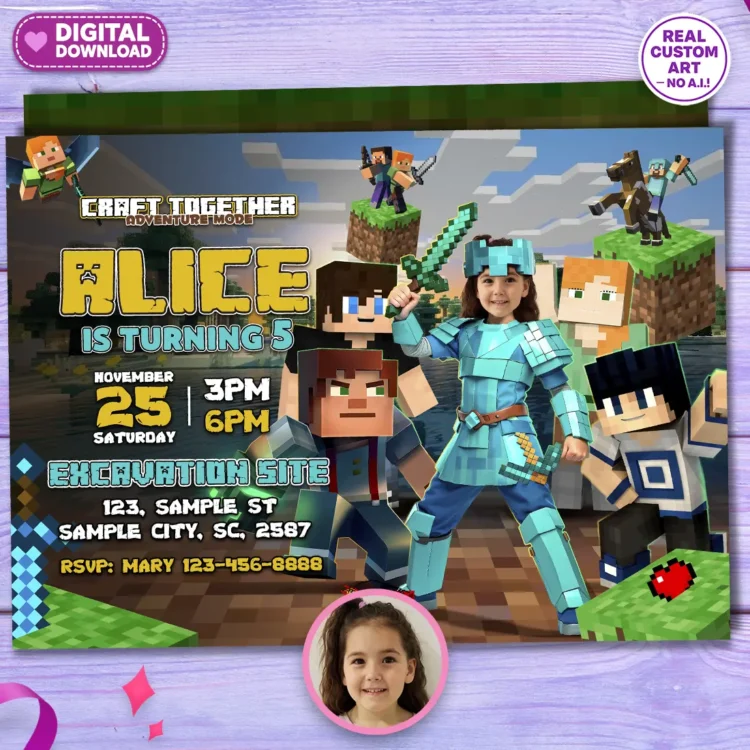Minecraft Diamond Armor Girl Birthday Invitation with Photo