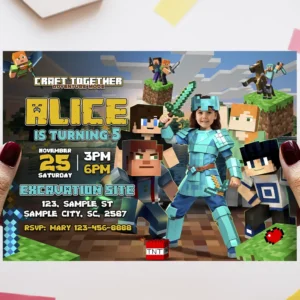 Minecraft Diamond Armor Girl Birthday Invitation with Photo