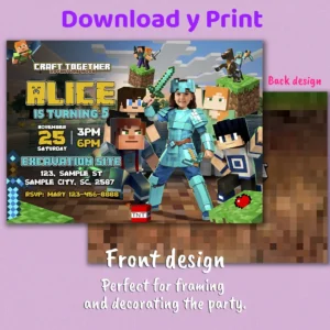 Minecraft Diamond Armor Girl Birthday Invitation with Photo