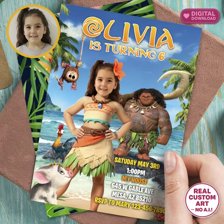 personalized-moana-birthday-photo-invitation-princess-photo-invite-for-girls-moana-party-1 Custom Moana Birthday Photo Invitation with Personalized Girl Face and Ocean Background.