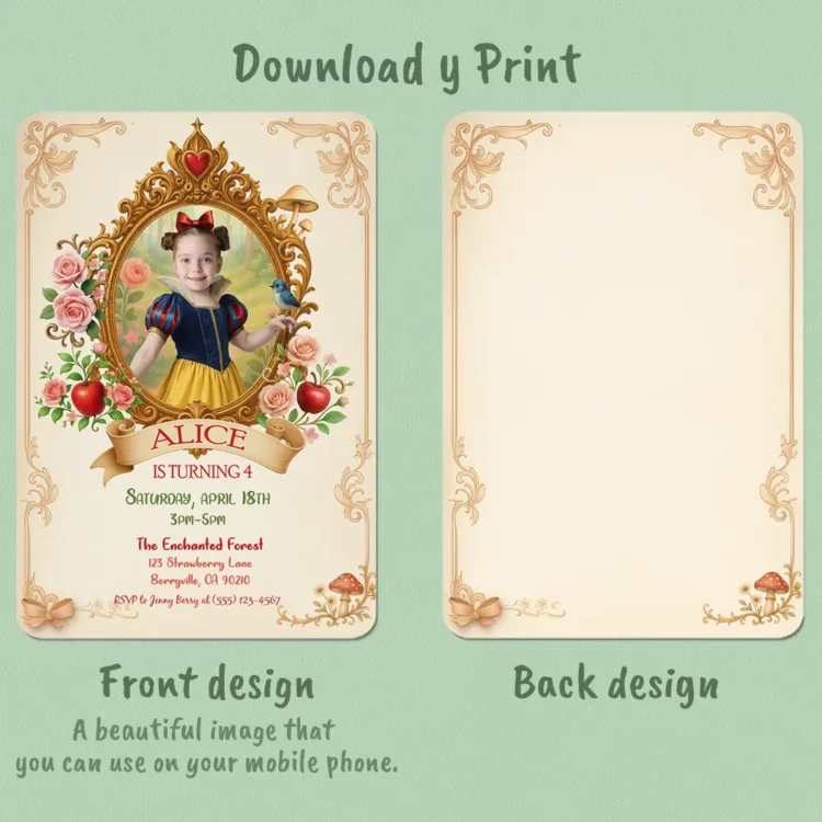 Snow White Birthday Photo Invitation – Personalized Princess Invite (24h Delivery) – Digital Download