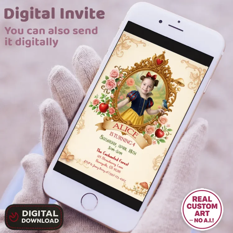 Snow White Birthday Photo Invitation – Personalized Princess Invite (24h Delivery) – Digital Download