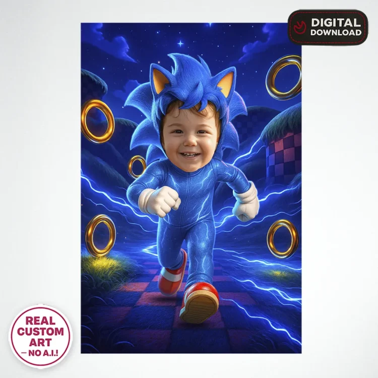 Custom SONIC Portrait – Custom Blue Speed Hero Art – Ready in 24h – Digital Download