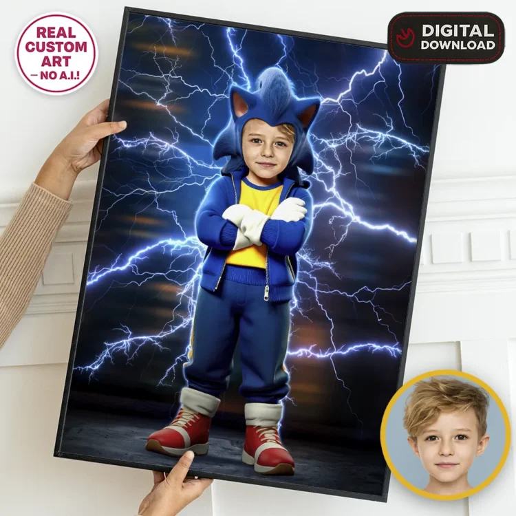 personalized-sonic-birthday-portrait-and-party-deco-custom-birthday-kids-sonic-party SONIC Personalized Portrait – Custom Blue Speed Hero Art – Ready in 24h – Digital Download