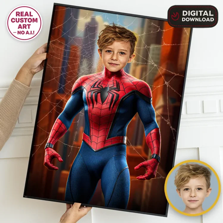 Spiderman Portrait for Kids – Personalized Web Hero Art – Ready in 24h – Digital Download