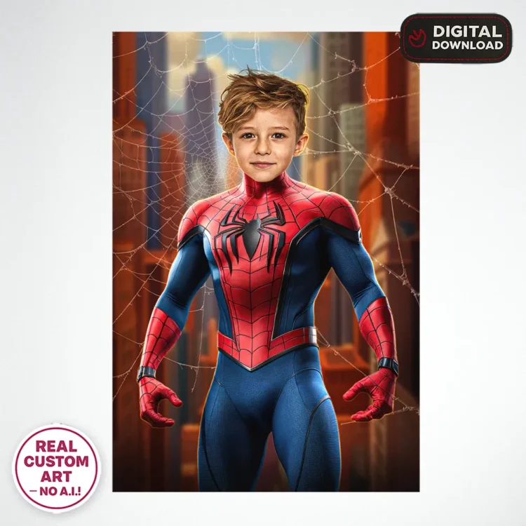 Spiderman Portrait for Kids – Personalized Web Hero Art – Ready in 24h – Digital Download