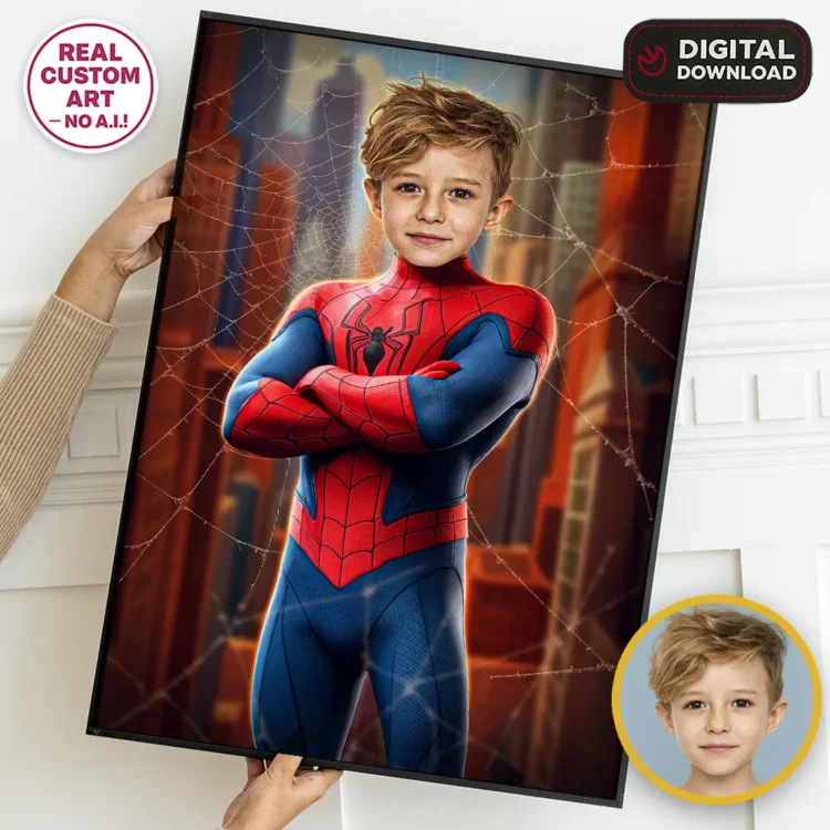 Custom Spiderman Portrait for Kids – Personalized Web Hero Art – Ready in 24h – Digital Download