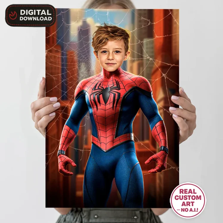 Spiderman Portrait for Kids – Personalized Web Hero Art – Ready in 24h – Digital Download