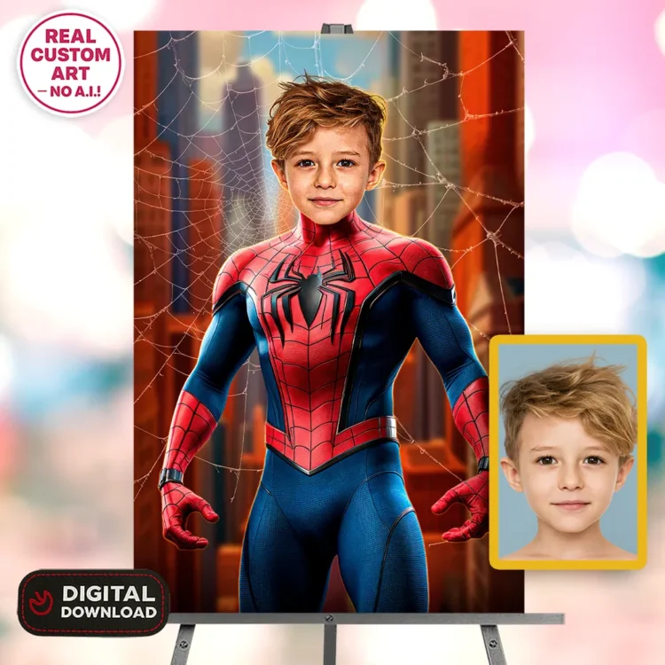 Spiderman Portrait for Kids – Personalized Web Hero Art – Ready in 24h – Digital Download
