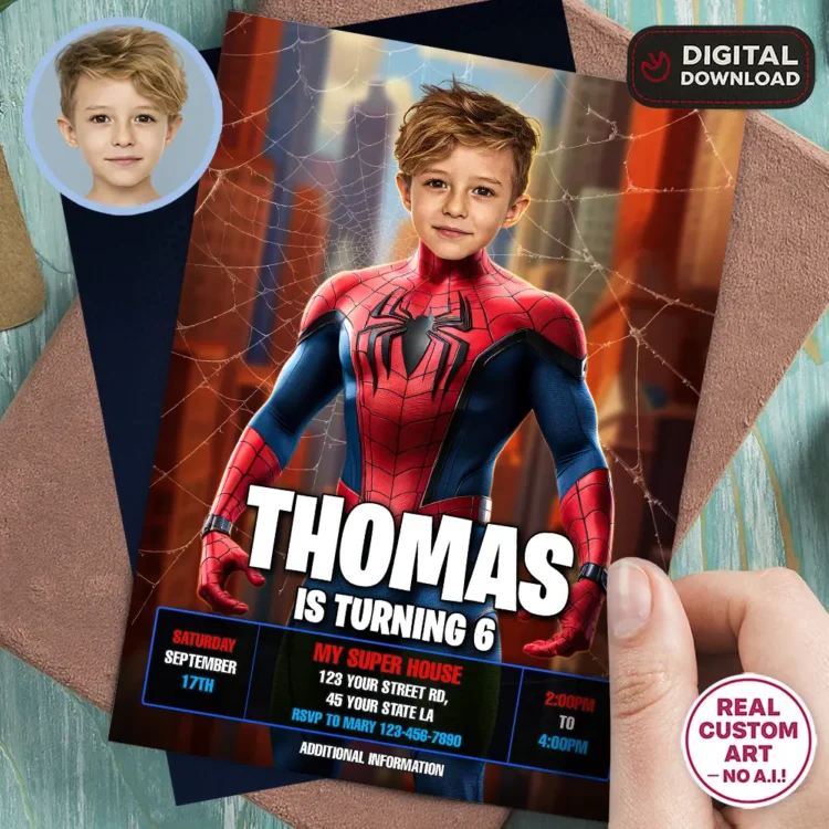 personalized-spiderman-photo-invitation-and-party-deco-spiderman-kids-birthday-party-kids-superhero-1 Spiderman Birthday Invitation with Photo