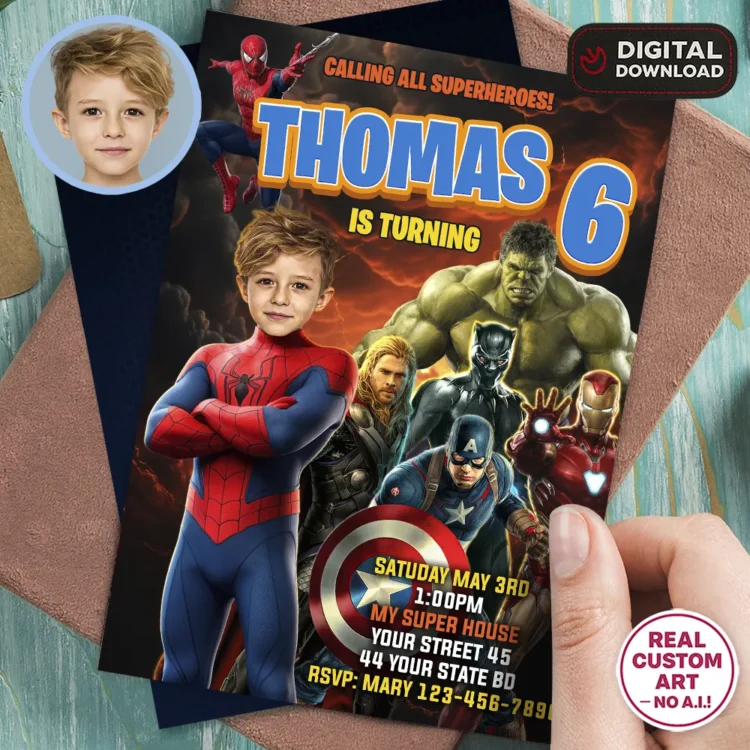 Spiderman Invitation with Photo – Personalized Avengers Birthday Card (24h Delivery) – Digital Download