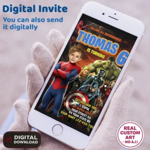 Spiderman Invitation with Photo – Personalized Avengers Birthday Card (24h Delivery) – Digital Download