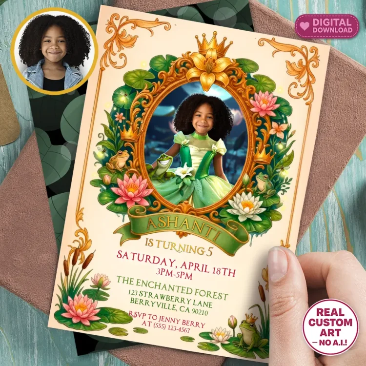 Tiana Birthday Photo Invitation – Personalized Princess & The Frog Invite (24h Delivery) – Digital Download