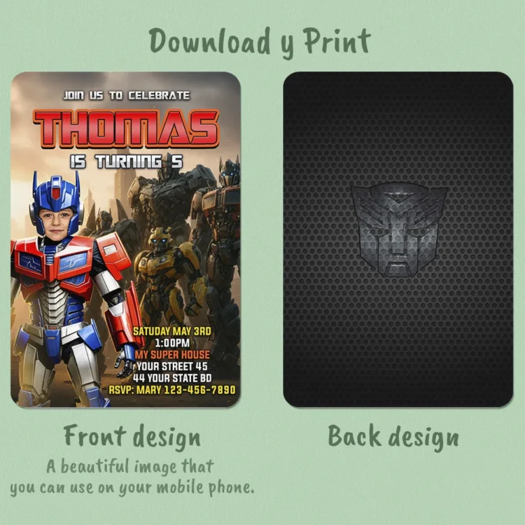 Transformers Optimus Prime Birthday Photo Invitation – Personalized Optimus Prime Photo Card (24h Delivery) – Digital Download
