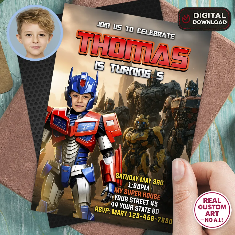 Transformers Optimus Prime Birthday Photo Invitation – Personalized Optimus Prime Photo Card (24h Delivery) – Digital Download