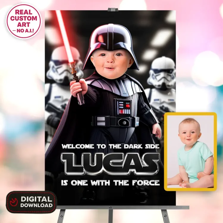 personalized-vader-photo-welcome-sign-and-party-deco-star-wars-kids-birthday-Baby-vader-photo-card-1st-star-wars-birthday-1 Star Wars Baby Birthday Welcome Sign with Photo (Darth Vader Theme) – Personalized 1st Birthday Decoration (24h Delivery) – Digital Download