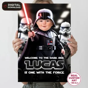 personalized-vader-photo-welcome-sign-and-party-deco-star-wars-kids-birthday-Baby-vader-photo-card-1st-star-wars-birthday-2 Star Wars Baby Birthday Welcome Sign with Photo (Darth Vader Theme) – Personalized 1st Birthday Decoration (24h Delivery) – Digital Download