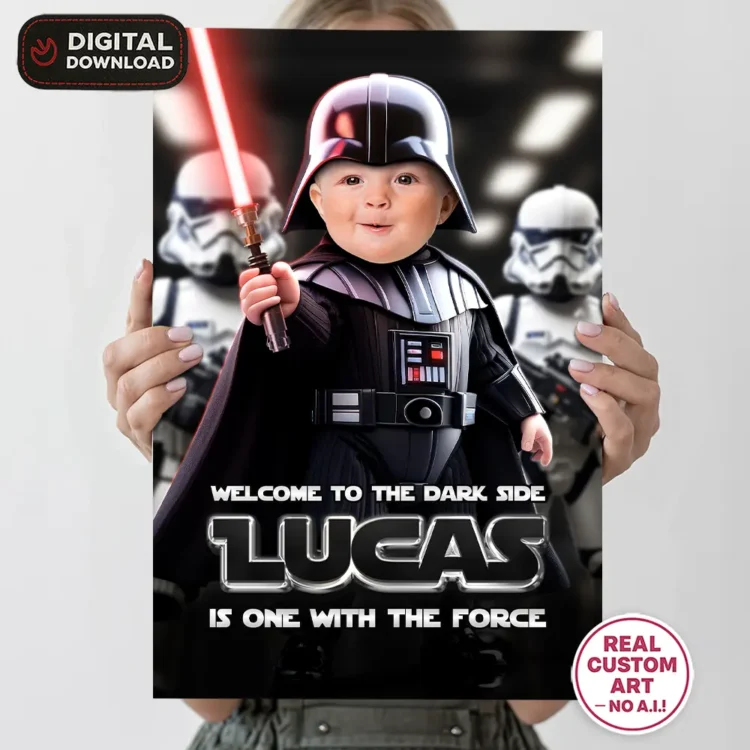 personalized-vader-photo-welcome-sign-and-party-deco-star-wars-kids-birthday-Baby-vader-photo-card-1st-star-wars-birthday-2 Star Wars Baby Birthday Welcome Sign with Photo (Darth Vader Theme) – Personalized 1st Birthday Decoration (24h Delivery) – Digital Download