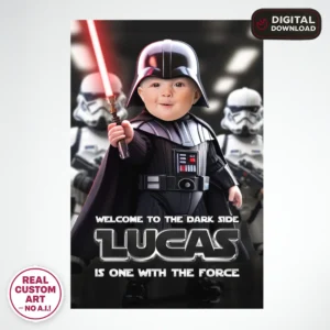 personalized-vader-photo-welcome-sign-and-party-deco-star-wars-kids-birthday-Baby-vader-photo-card-1st-star-wars-birthday-3 Star Wars Baby Birthday Welcome Sign with Photo (Darth Vader Theme) – Personalized 1st Birthday Decoration (24h Delivery) – Digital Download
