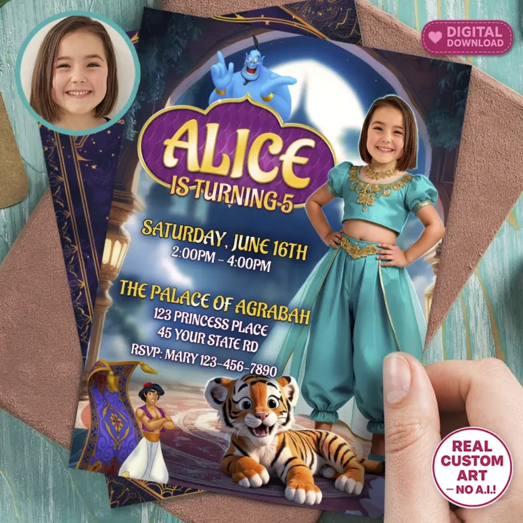 Jasmine Birthday Invitation with Photo – Personalized Princess Card (24h Delivery) – Digital Download