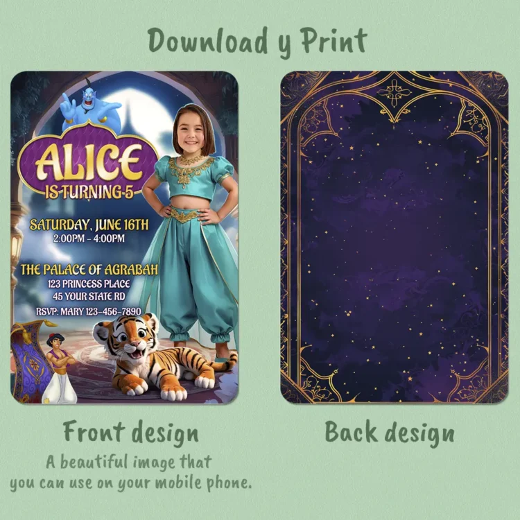 Jasmine Birthday Invitation with Photo – Personalized Princess Invite (24h Delivery) – Digital Download