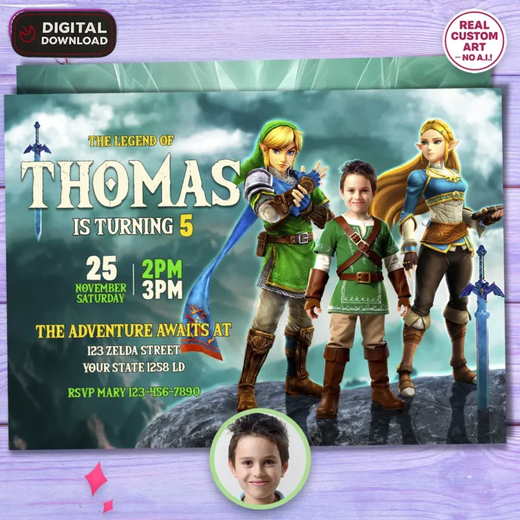 Zelda Birthday Invitation with Photo – Personalized Zelda Photo Card (24h Delivery) – Digital Download