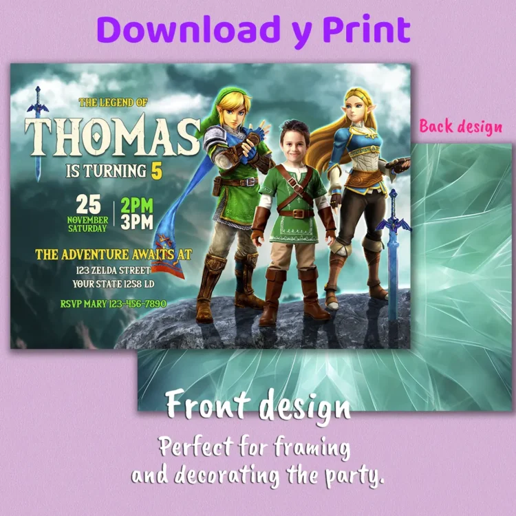 Zelda Birthday Invitation with Photo – Personalized Zelda Photo Card (24h Delivery) – Digital Download