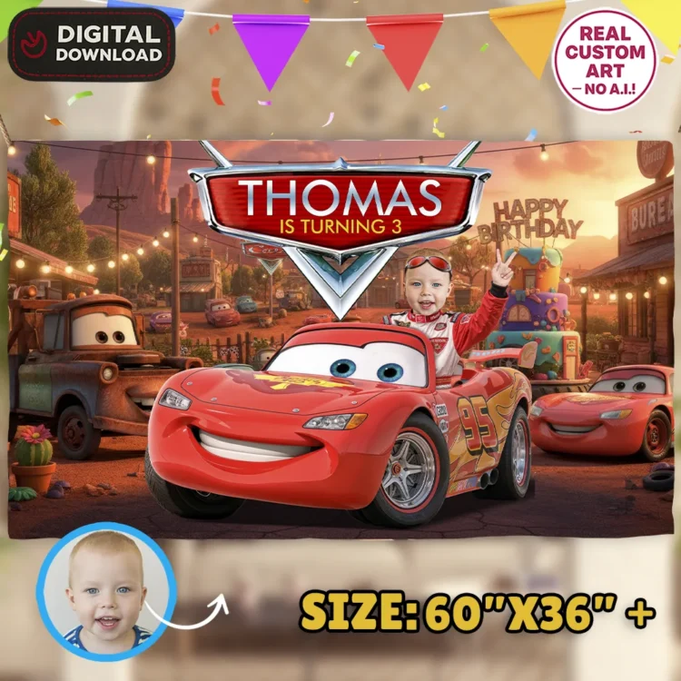 Custom Cars Birthday Banner with Personalized Toddler Face and Race Track Background.