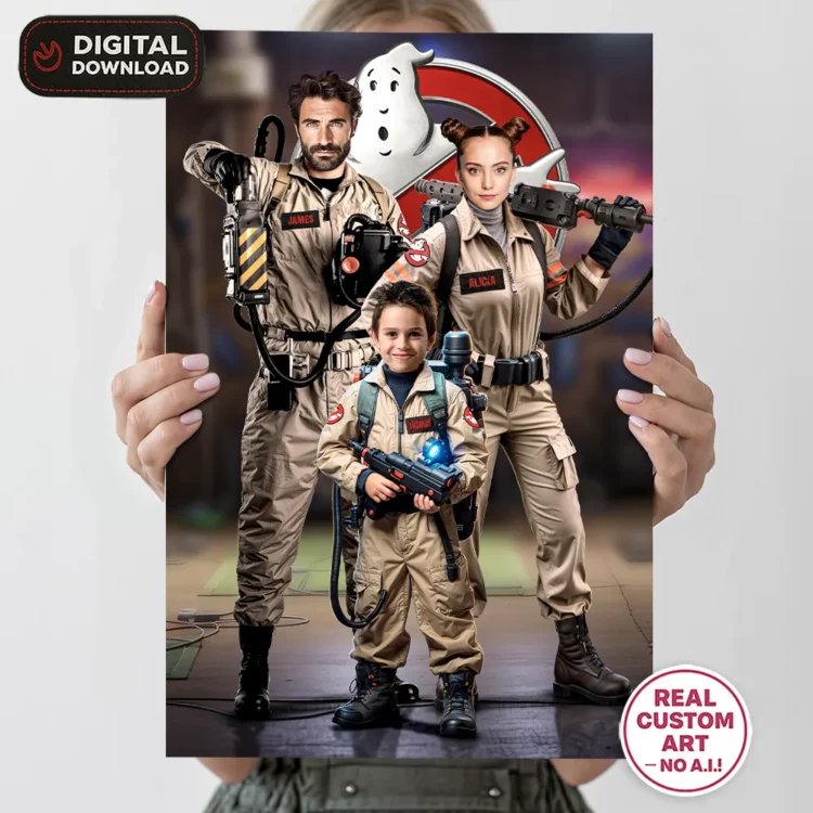 Ghostbusters Personalized Family Portrait (3 People) – Custom Ghostbusters Wall Art (24h Delivery)