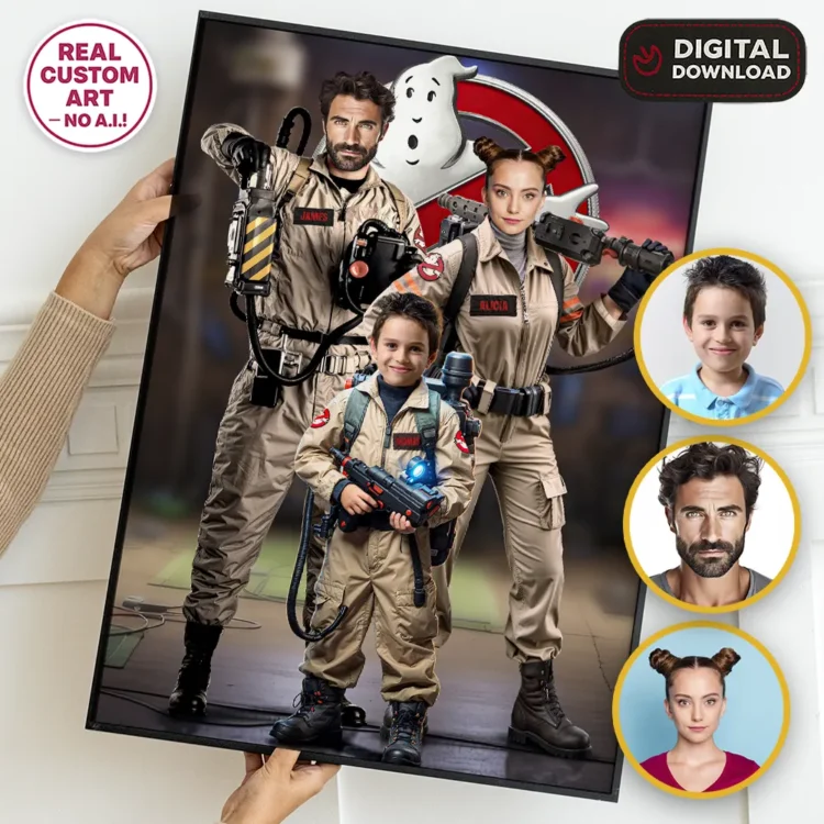 Ghostbusters Personalized Family Portrait (3 People) – Custom Ghostbusters Wall Art (24h Delivery)