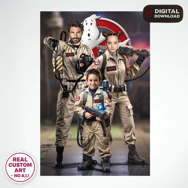 Ghostbusters Personalized Family Portrait (3 People) – Custom Ghostbusters Wall Art (24h Delivery)