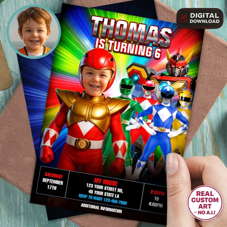 Power Rangers Birthday Photo Invitation with Custom Child Face Integration.