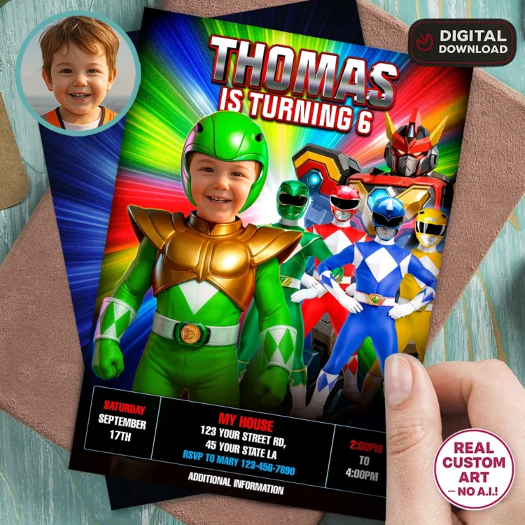 Power Rangers Birthday Photo Invitation – Personalized Power Rangers Photo Invitation (24h Delivery) – Digital Download