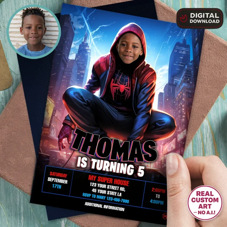 Miles Morales Birthday Invitation – Personalized Superhero Photo Invitation (24h Delivery) – Digital Download