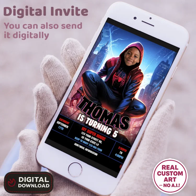Miles Morales Birthday Invitation – Personalized Superhero Photo Invitation (24h Delivery) – Digital Download