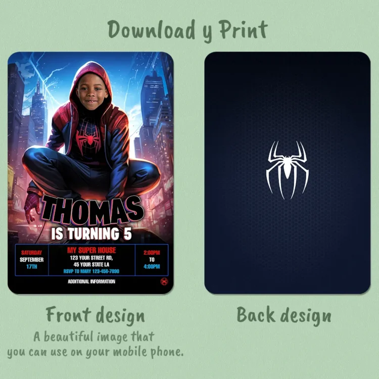 Miles Morales Birthday Invitation – Personalized Superhero Photo Invitation (24h Delivery) – Digital Download