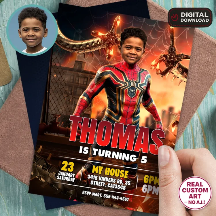 Spiderman Birthday Invitation – Personalized Superhero Photo Invitation (24h Delivery) – Digital Download
