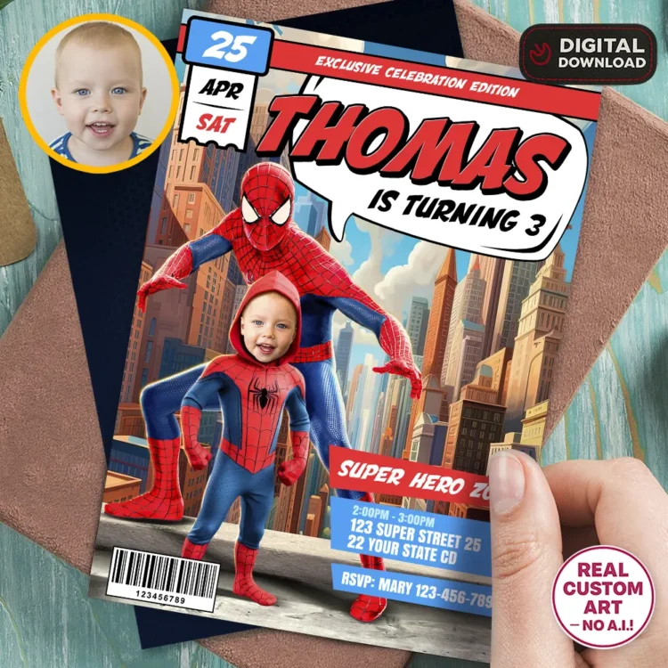 Superhero Birthday Photo Invitation – Personalized Spiderman Birthday Card (24h Delivery) – Digital Download