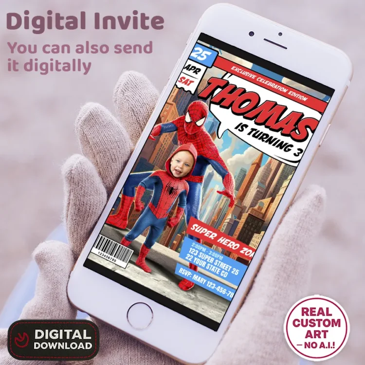 Superhero Birthday Photo Invitation – Personalized Spiderman Birthday Card (24h Delivery) – Digital Download