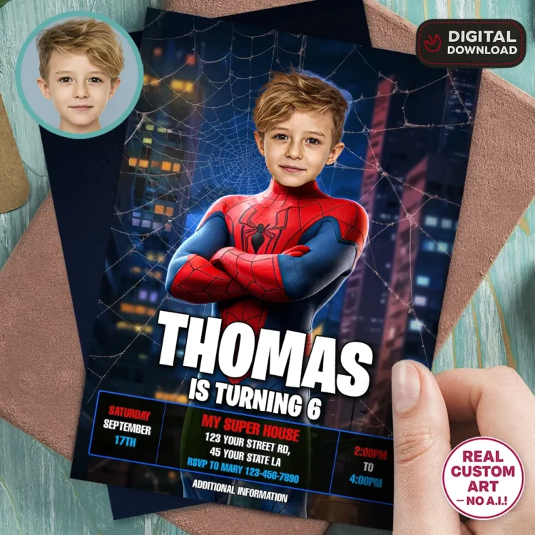Spiderman Birthday Photo Invitation – Personalized Superhero Invitation (24h Delivery) – Digital Download