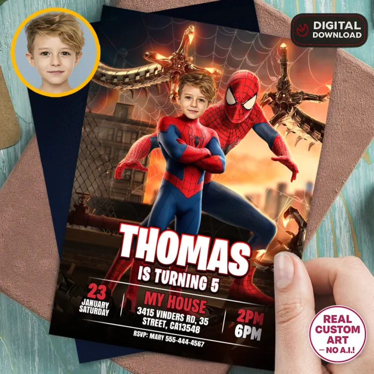 Superhero Invitation with Photo – Personalized Spiderman Birthday Card (24h Delivery) – Digital Download