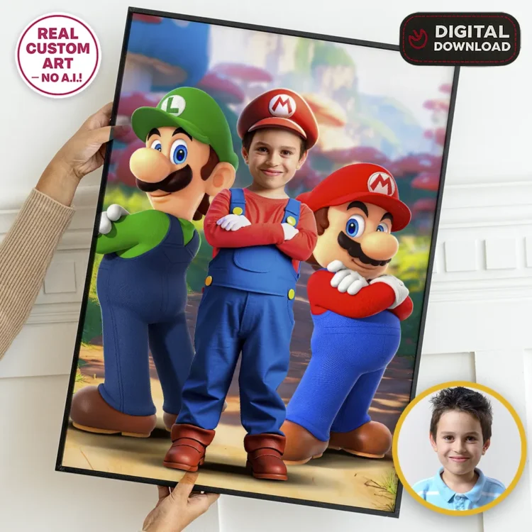 Super Mario–Inspired Portrait for Kids – Personalized Video Game Hero Art – Ready in 24h – Digital Download