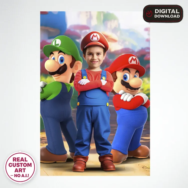 Super Mario–Inspired Portrait for Kids – Personalized Video Game Hero Art – Ready in 24h – Digital Download