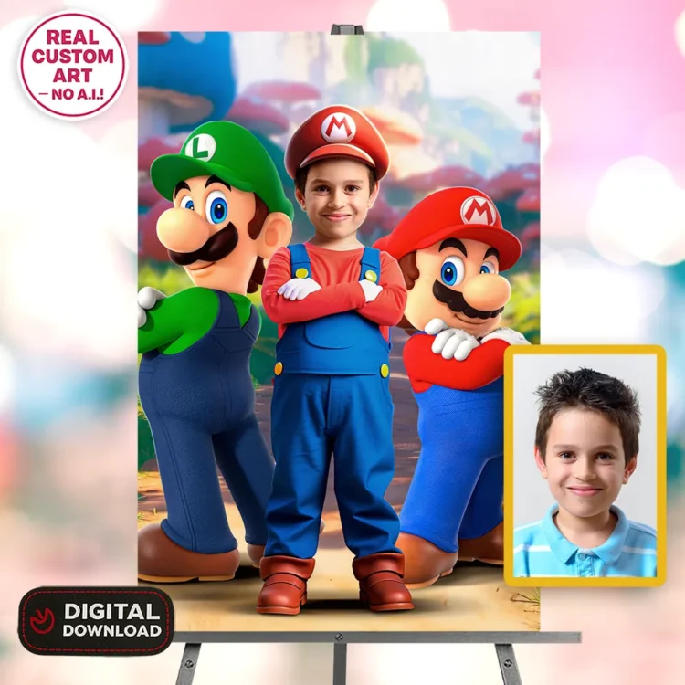 Super Mario–Inspired Portrait for Kids – Personalized Video Game Hero Art – Ready in 24h – Digital Download