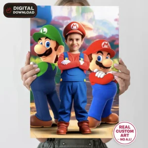 Super Mario–Inspired Portrait for Kids – Personalized Video Game Hero Art – Ready in 24h – Digital Download
